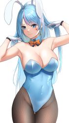 Rule 34 | 1girl, absurdres, animal ears, armpits, azura cecillia, black pantyhose, blue eyes, blue hair, blue leotard, bow, bowtie, breasts, cleavage, cowboy shot, detached collar, dobure18, facial tattoo, fishnet pantyhose, fishnets, gloves, gluteal fold, highleg, highleg leotard, highres, large breasts, leotard, long hair, looking at viewer, multicolored hair, nijisanji, nijisanji id, pantyhose, pink hair, playboy bunny, rabbit ears, simple background, solo, strapless, strapless leotard, streaked hair, tattoo, virtual youtuber, white background, white gloves, yellow bow, yellow bowtie