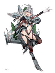 Rule 34 | 1girl, ahoge, aircraft, airplane, airplane wing, blonde hair, blush, breasts, clothing cutout, cross, delta wing, eurofighter typhoon, fighter jet, gloves, grey hair, high heels, highres, i.takashi, iron cross, jet, landing gear, looking back, mecha musume, medium breasts, military, military vehicle, missile, multicolored hair, navel, original, personification, pointing, solo, stomach cutout, streaked hair, thighhighs, white background, white gloves