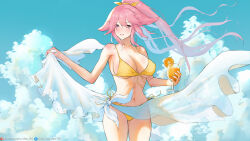 Rule 34 | 1girl, animal ears, bare shoulders, bikini, blue sky, breasts, cleavage, closed mouth, cloud, collarbone, cup, dan-98, day, drink, drinking glass, food, fox ears, fruit, genshin impact, highres, holding, holding cup, large breasts, long hair, looking at viewer, orange (fruit), orange slice, outdoors, parted lips, pink hair, ponytail, purple eyes, ribbon, side-tie bikini bottom, sky, smile, solo, swimsuit, very long hair, yae miko, yellow bikini, yellow ribbon