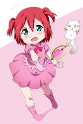 Rule 34 | 10s, 1girl, animalization, commentary, cosplay, creature, flying sweatdrops, green eyes, highres, kurosawa dia, kurosawa ruby, kyubey, looking at viewer, love live!, love live! sunshine!!, magical girl, mahou shoujo madoka magica, mahou shoujo madoka magica (anime), md5 mismatch, mole, mole under mouth, red hair, shadow, sooki, standing, twintails, wand