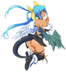 Rule 34 | 1girl, alternate skin color, ass, asymmetrical wings, back, bare shoulders, blue hair, blush, dark skin, dark-skinned female, dizzy (guilty gear), female focus, guilty gear, guilty gear x, guilty gear xx, hair ribbon, own hands clasped, long hair, looking back, open mouth, own hands together, red eyes, ribbon, simple background, skindentation, solo, tail, tail ornament, tail ribbon, thighhighs, twintails, un (le monde-alternatif), wings