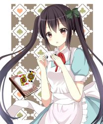 Rule 34 | 1girl, alice in wonderland, apron, black hair, book, brown eyes, card, cup, highres, jack (playing card), jack of hearts, jack of spades, k-on!, long hair, nakano azusa, playing card, ryoutan, teacup, twintails