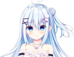 Rule 34 | 1girl, ahoge, bare shoulders, blue eyes, blue hair, breasts, closed mouth, collarbone, commentary request, copyright request, dress, frilled dress, frills, hair bun, hair ornament, hairclip, heart, jewelry, long hair, looking at viewer, medium breasts, necklace, official art, one side up, pearl necklace, shiwasu horio, simple background, single side bun, smile, solo, strapless, strapless dress, upper body, virtual youtuber, white background, white dress, x hair ornament