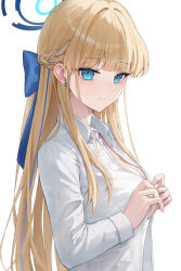 Rule 34 | 1girl, absurdres, blonde hair, blue archive, blue eyes, blue hair, blunt bangs, breasts, cleavage, collared shirt, commentary, dress shirt, highres, large breasts, long hair, long sleeves, looking at viewer, medium breasts, multicolored hair, shirt, simple background, solo, streaked hair, toki (blue archive), ttusee5, upper body, white background, white shirt