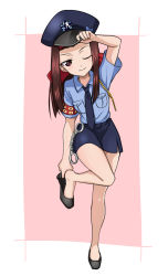 Rule 34 | 1girl, blue necktie, blue skirt, blush, breasts, brown hair, closed mouth, cuffs, full body, girls und panzer, hair ornament, hair ribbon, handcuffs, hat, leg up, long hair, looking at viewer, miniskirt, necktie, one eye closed, police, police hat, police uniform, policewoman, red eyes, rents (akirents), ribbon, saemonza (girls und panzer), simple background, skirt, small breasts, smile, solo, standing, two-tone background, uniform