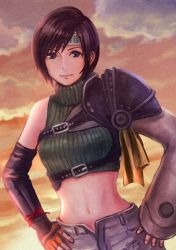 Rule 34 | 1girl, absurdres, armor, bare shoulders, breasts, brown hair, brown shorts, cloud, cloudy sky, cropped sweater, final fantasy, final fantasy vii, final fantasy vii remake, fingerless gloves, gloves, green sweater, hands on own hips, headband, highres, huge filesize, looking at viewer, medium breasts, navel, open fly, red ribbon, ribbed sweater, ribbon, short hair, shorts, sky, solo, sunlight, sunset, sweater, turtleneck, turtleneck sweater, upper body, yuffie kisaragi