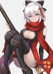 Rule 34 | 1girl, ahoge, arm guards, armored boots, bad id, bad pixiv id, bare shoulders, black bow, black footwear, black thighhighs, blush, boots, bow, breasts, cleavage, cleavage cutout, closed mouth, clothing cutout, commentary request, dark-skinned female, dark skin, dress, fate/grand order, fate (series), grey background, grey eyes, hair bow, hair ornament, hand up, head tilt, holding, holding sword, holding weapon, knee boots, koha-ace, large breasts, looking at viewer, okita souji (fate), okita souji alter (fate), okita souji alter (first ascension) (fate), red dress, red scarf, scarf, silver hair, simple background, sitting, solo, sword, tassel, thighhighs, thighs, weapon, yuzu-aki