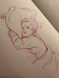 Rule 34 | 1boy, bed sheet, blush, drunk, dutch angle, highres, looking at viewer, lying, mainitinemuo0, male focus, nude, on stomach, one piece, pen (medium), photo (medium), red theme, roronoa zoro, short hair, squeans, solo, toned, toned male, traditional media, under covers, upper body
