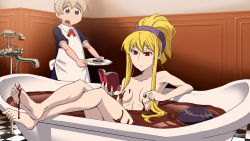 Rule 34 | 1boy, 2girls, android, barefoot, bathtub, blonde hair, book, breasts, brown hair, bubble, candy, chocolate, convenient censoring, feet, flandre (kaibutsu oujo), food, hair up, highres, hime (kaibutsu oujo), hinoki (hinoki-buro), hiyorimi hiro, kaibutsu oujo, legs, long hair, maid, multiple girls, nude, open book, plate, reading, red eyes, slit pupils, toes, valentine