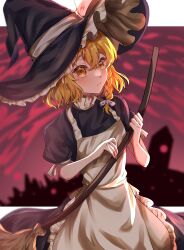 Rule 34 | 1girl, apron, black dress, black hat, blonde hair, blush, bow, braid, broom, commentary request, crossed bangs, dress, hair between eyes, hat, hat bow, highres, holding, jingai (k1bun), kirisame marisa, letterboxed, light blush, long hair, looking at viewer, puffy sleeves, short hair, short sleeves, single braid, solo, touhou, waist apron, white apron, white bow, witch hat, yellow eyes