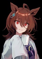 Rule 34 | 1girl, agnes tachyon (umamusume), ahoge, animal ears, black background, bow, brown hair, chemical structure, closed mouth, coat, coffee mug, commentary request, cup, earrings, hair between eyes, holding, holding cup, horse ears, horse girl, jewelry, lab coat, looking at viewer, messy hair, mug, nazuka (mikkamisaki), open clothes, open coat, purple bow, purple shirt, red eyes, sailor collar, school uniform, shirt, short hair, simple background, single earring, sleeves past fingers, sleeves past wrists, smile, solo, summer uniform, tracen school uniform, umamusume, upper body, very long sleeves, white coat