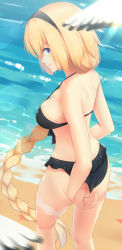Rule 34 | 1girl, adjusting clothes, adjusting swimsuit, ass, beach, bikini, bird, black bikini, black hairband, blonde hair, blue eyes, blurry, braid, braided ponytail, breasts, cleavage, day, fate/grand order, fate (series), frilled bikini, frills, hairband, halterneck, highres, jeanne d&#039;arc (fate), jeanne d&#039;arc (ruler) (fate), jeanne d&#039;arc (swimsuit archer) (fate), jeanne d&#039;arc (swimsuit archer) (first ascension) (fate), long hair, looking at viewer, looking back, medium breasts, nestea, outdoors, ponytail, sideboob, single braid, solo, standing, sunlight, swimsuit, thigh strap, very long hair