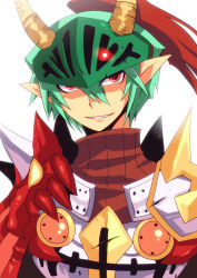 Rule 34 | 1boy, armor, breastplate, brown shirt, commentary request, emon-yu, green hair, grin, hair between eyes, horns, looking at viewer, male focus, plume, pointy ears, portrait, ragnarok online, red eyes, rune knight (ragnarok online), shirt, short hair, simple background, smile, solo, spiked pauldrons, turtleneck, visor (armor), white background