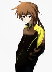 Rule 34 | 1other, androgynous, atoymk, black headband, black track suit, brown eyes, brown hair, closed mouth, cowboy shot, hands in pockets, headband, highres, kurohebi, len&#039;en, long sleeves, other focus, short hair, simple background, solo, track suit, white background, zipper pull tab
