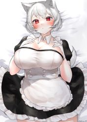 Rule 34 | 1girl, absurdres, alternate costume, animal ear fluff, animal ears, apron, black dress, blush, breasts, cleavage, collar, commentary, cowboy shot, detached collar, dress, enmaided, frilled apron, frilled dress, frills, gloves, hands on own breasts, highres, inubashiri momiji, large breasts, looking at viewer, lying, maid, maid apron, on back, on bed, open mouth, puffy sleeves, red eyes, short hair, short sleeves, solo, tail, take (take143000), thighs, touhou, white apron, white collar, white gloves, white hair, wolf ears, wolf girl, wolf tail