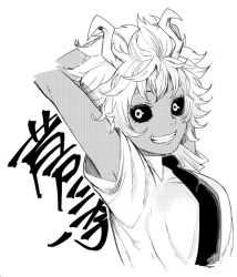 Rule 34 | 10s, 1girl, antennae, armpit peek, armpits, arms up, ashido mina, bad id, bad twitter id, black sclera, boku no hero academia, breasts, collared shirt, colored sclera, greyscale, looking at viewer, monochrome, necktie, school uniform, shirt, short hair, short sleeves, simple background, smile, solo, suzu (tg 390), teeth, upper body, white background