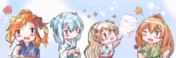 Rule 34 | 4girls, animal print, blonde hair, blue hair, blush, bokukawauso, candy apple, chibi, closed mouth, conte di cavour (kancolle), cotton candy, fireworks print, fish print, flying sweatdrops, food, hair ornament, headgear, heart, highres, holding, holding food, honolulu (kancolle), i-203 (kancolle), japanese clothes, kantai collection, kimono, long hair, mask, mask on head, multiple girls, obi, official alternate costume, one eye closed, open mouth, poipoi purin, ponytail, sash, simple background, sparkle, star (symbol), takoyaki, twitter username, victorious (kancolle), yukata