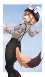 Rule 34 | absurdres, animal ear fluff, animal ears, black hair, black pants, cabbie hat, commentary request, dhole (kemono friends), dog ears, dog girl, dog tail, ears through headwear, extra ears, from behind, from below, grey sweater, hat, highres, jewelry, kemono friends, kemono friends 3, light brown hair, long sleeves, looking at viewer, looking back, multicolored hair, necklace, official alternate costume, orange eyes, pants, short hair, solo, striped clothes, striped sweater, suspenders, sweater, tail, tanabe (fueisei), turtleneck, turtleneck sweater, two-tone hair, white hair