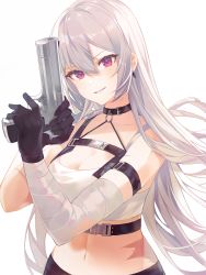 Rule 34 | 1girl, absurdres, azur lane, bad id, bad pixiv id, bandaged arm, bandages, bare shoulders, black choker, black gloves, breasts, choker, cleavage, commentary request, crop top, gloves, grin, gun, handgun, head tilt, highres, holding, holding gun, holding weapon, long hair, looking at viewer, midriff, navel, o-ring, official alternate costume, parted lips, pistol, purple eyes, saibe, silver hair, smile, solo, sovetskaya rossiya (azur lane), sovetskaya rossiya (the lackadaisical lookout) (azur lane), stomach, upper body, weapon