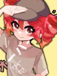 Rule 34 | 1girl, arm behind back, baseball cap, blurry, blurry foreground, dormirchy, drill hair, grey shirt, hat, kasane teto, kasane teto (sv), looking at viewer, outer glow, override (synthesizer v), print shirt, red eyes, red hair, salute, shirt, simple background, smile, solo, synthesizer v, twin drills, yellow background