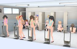 Rule 34 | 6+girls, bathroom, blonde hair, blue bow, blush, bow, brown hair, censored, green eyes, heart, multiple girls, peeing, red ribbon, ribbon, sandles, squatting, standing, tagme, toilet, towel, urinal, urinal use