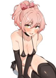 Rule 34 | 1girl, absurdres, bare shoulders, bikini, black bikini, black choker, black gloves, black thighhighs, blush, bow, breasts, choker, cleavage, collarbone, elbow gloves, gloves, hair bow, highres, idolmaster, idolmaster cinderella girls, jougasaki mika, large breasts, long hair, looking at viewer, open mouth, pink hair, seihekiog, side-tie bikini bottom, simple background, smile, solo, striped, striped bow, swimsuit, thighhighs, thighs, white background, yellow eyes