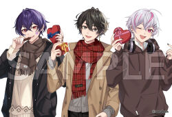 3boys :d ;d ahoge black_eyes black_hair black_jacket black_nails black_pants box brown_hoodie brown_jacket cardigan chocolate collared_shirt copyright_notice crossed_bangs ear_piercing earrings eating facial_mark fang food gift gift_box grey_cardigan hair_between_eyes hair_ornament hairclip headphones headphones_around_neck heart-shaped_box holding holding_food holding_gift hood hoodie jacket jewelry looking_at_viewer male_focus miz_(mi) multicolored_hair multiple_boys multiple_rings nail_polish official_art onago_kenkyu_daigaku one_eye_closed open_mouth pants piercing pink_eyes pink_hair plaid_clothes plaid_scarf purple_hair red_eyes red_scarf ring sample_watermark scarf shirt short_hair simple_background single_earring smile streaked_hair sweater watermark white_background white_hair white_shirt white_sweater