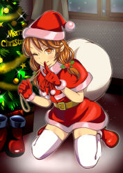 Rule 34 | 1girl, ;), absurdres, ankle boots, bauble, belt, blush, bobblehat, boots, brown hair, capelet, carrying over shoulder, christmas ornaments, christmas tree, finger to mouth, fir tree, full body, fur trim, girlfriend (kari), glint, gloves, hat, highres, indoors, kneeling, looking at viewer, merry christmas, one eye closed, open window, orange eyes, over shoulder, plant, pointing, pointing at viewer, pom pom (clothes), pot, potted plant, red footwear, red gloves, red hat, red ribbon, ribbon, sack, santa boots, santa costume, santa gloves, santa hat, shushing, smile, solo, sparkle, star (symbol), tamai remi, thighhighs, tree, unworn boots, uuukuuu, white thighhighs, window, zettai ryouiki