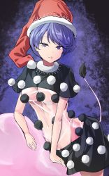 Rule 34 | 1girl, black capelet, black dress, blob, blue eyes, blue hair, breasts, capelet, commentary request, cowboy shot, doremy sweet, dress, hat, highres, looking at viewer, medium breasts, multicolored clothes, multicolored dress, nightcap, one-hour drawing challenge, parted lips, pom pom (clothes), red hat, see-through, short dress, short hair, solo, standing, swept bangs, tail, tapir tail, touhou, y2