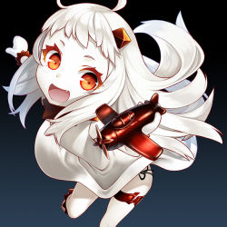 Rule 34 | 1girl, :d, abyssal ship, ahoge, aircraft, airplane, barefoot, colored skin, dress, fang, gradient background, horns, kantai collection, long hair, mittens, northern ocean princess, open mouth, red eyes, smile, solo, unowen, white dress, white hair, white mittens, white skin