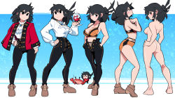 Rule 34 | 1girl, ass, black eyes, black hair, black nails, black pants, blouse, blue background, blush, bra, breasts, brown footwear, crab, cup, drinking glass, embarrassed, frilled shirt, frills, hand on own hip, hands in pockets, high-waist pants, highres, holding, holding cup, jacket, large breasts, long hair, long sleeves, looking at viewer, lucia (scott malin), multiple views, nail polish, narrow waist, navel, nude, orange bra, orange panties, original, panties, pants, profile, red jacket, scott malin, shadow, shirt, shirt tucked in, shoes, shoulder blades, sideboob, underwear, underwear only, white shirt, wine glass