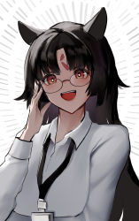 Rule 34 | 1girl, :d, absurdres, animal ears, arknights, black-framed eyewear, black hair, collared shirt, commentary, dog ears, dress shirt, facial mark, forehead mark, glasses, hand up, highres, lanyard, long hair, long sleeves, looking at viewer, open mouth, parted bangs, red eyes, saga (arknights), shirt, smile, solo, star-shaped pupils, star (symbol), symbol-shaped pupils, teeth, upper body, upper teeth only, very long hair, wawamachi (wawamachis), white shirt