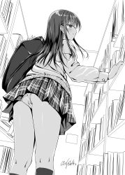 Rule 34 | 1girl, bad id, bad pixiv id, bag, blush, bookshelf, checkered clothes, checkered skirt, commentary request, from below, greyscale, highres, indoors, kobayashi chisato, long hair, long sleeves, monochrome, original, over shoulder, panties, pantyshot, plaid, plaid skirt, school uniform, signature, skirt, solo, sweater, underwear