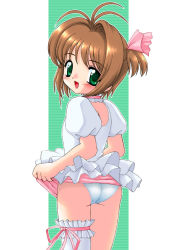 Rule 34 | 1990s (style), ass, brown hair, cardcaptor sakura, choker, clothes lift, cowboy shot, frilled thighhighs, frills, green eyes, kinomoto sakura, lifting own clothes, lingerie, marcy dog, panties, retro artstyle, skirt, skirt lift, solo, thighhighs, underwear, white thighhighs