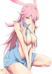 Rule 34 | 1girl, absurdres, alternate costume, animal ears, barefoot, benghuai xueyuan, blue eyes, blue ribbon, blue sweater, blush, breasts, cleavage, closed mouth, convenient censoring, eyes visible through hair, eyeshadow, fox ears, highres, honkai (series), large breasts, leaning forward, long hair, looking at viewer, makeup, meme attire, naked sweater, no panties, own hands together, pink hair, ribbon, simple background, sitting, solo, straight hair, sweater, thighs, tsurime, v arms, very long hair, virgin killer sweater, wardrobe error, wariza, white background, yae sakura, yae sakura (benghuai xueyuan)