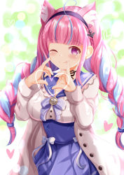 Rule 34 | 1girl, ;q, ahoge, anchor hair ornament, anchor symbol, animal ear fluff, animal ears, blouse, blue bow, blue hair, blue sailor collar, blue skirt, blush, bow, braid, breasts, cat ears, closed mouth, commentary request, frilled sailor collar, frills, hair ornament, hairband, hands up, heart, heart hands, highres, hololive, jacket, long hair, long sleeves, looking at viewer, medium breasts, minato aqua, minato aqua (sailor), multicolored hair, one eye closed, open clothes, open jacket, pink hair, pleated skirt, puffy long sleeves, puffy sleeves, purple eyes, purple hairband, sailor collar, shirt, skirt, smile, solo, streaked hair, tongue, tongue out, twin braids, twintails, two-tone hair, very long hair, virtual youtuber, white jacket, white shirt, xenon (for achieve)