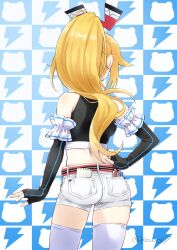 Rule 34 | 1girl, absurdres, arm behind back, ass, bare shoulders, belt, black gloves, black shirt, blonde hair, checkered background, commentary request, commission, cowboy shot, crop top, dengekiko, elbow gloves, fingerless gloves, from behind, gloves, hair ornament, hand on own hip, highres, hip focus, kow (kow0117), legs apart, long hair, midriff, neptune (series), notebook, pixiv commission, ponytail, red belt, shirt, short shorts, shorts, sleeveless, sleeveless shirt, sofmap background, solo, standing, step and repeat, striped belt, thighhighs, thighs, very long hair, white shorts