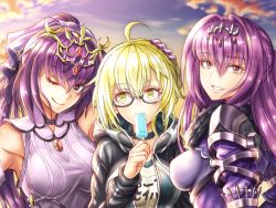 Rule 34 | 3girls, ;), ahoge, armor, artoria pendragon (fate), black-framed eyewear, blonde hair, blue sky, bow, breasts, brown eyes, cloud, day, diadem, donkikong (pixiv17278003), dress, fate/grand order, fate (series), floating hair, food, glasses, gloves, grin, hair between eyes, hair bow, hand on another&#039;s head, head tilt, holding, holding food, ice cream, long hair, looking at viewer, looking to the side, medium breasts, multiple girls, mysterious heroine x alter (fate), mysterious heroine x alter (second ascension) (fate), one eye closed, outdoors, pauldrons, purple dress, purple gloves, purple hair, scathach (fate), semi-rimless eyewear, short hair, shoulder armor, sky, sleeveless, smile, under-rim eyewear, upper body, white bow, yellow eyes