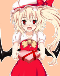 Rule 34 | 1girl, blonde hair, fang, female focus, flandre scarlet, gift, hat, holding, holding gift, incoming gift, nishiumi yuuta, red eyes, side ponytail, solo, embodiment of scarlet devil, touhou, wings