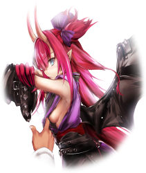 Rule 34 | 1girl, bat wings, black sleeves, black wings, blue eyes, blush, breasts, commentary request, detached sleeves, elizabeth bathory (fate), elizabeth bathory (japan) (fate), fate/grand order, fate (series), fingernails, from side, fujimaru ritsuka (male), hair between eyes, hair ribbon, highres, horns, japanese clothes, kimono, kimura shuuichi, long hair, long sleeves, looking at viewer, looking to the side, nipples, official alternate costume, oni horns, pink hair, pointy ears, profile, purple kimono, purple ribbon, ribbon, sidelocks, simple background, sleeveless, sleeveless kimono, small breasts, solo focus, two side up, upper body, very long hair, white background, wings