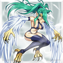 Rule 34 | 1girl, artist name, bare shoulders, breasts, circlet, cleavage, commentary request, duel monster, feathered wings, feathers, green hair, grey eyes, harpie queen, harpy, large breasts, long hair, monster girl, navel, pointy ears, ponytail, revealing clothes, rindou akira, solo, talons, thighhighs, white feathers, white wings, winged arms, wings, yu-gi-oh!