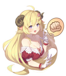 Rule 34 | 1girl, :d, absurdres, ahoge, animal ears, blonde hair, blush, bow, braid, breasts, cleavage, collarbone, frostcyco, gloves, hair flowing over, hair ornament, hair over shoulder, hairclip, highres, hololive, horns, large breasts, long hair, looking at viewer, off shoulder, open mouth, puffy short sleeves, puffy sleeves, purple eyes, sheep girl, sheep horns, short sleeves, sidelocks, simple background, smile, solo, speech bubble, tsunomaki watame, upper body, very long hair, virtual youtuber, white background, white gloves