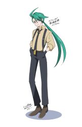 Rule 34 | 1girl, 99akt1031, ahoge, black gloves, black necktie, black pants, brown footwear, closed mouth, collared shirt, commentary request, creatures (company), full body, game freak, gloves, green hair, hair between eyes, hands in pockets, highres, long hair, necktie, nintendo, pants, pokemon, pokemon sv, ponytail, rika (pokemon), shirt, shoes, simple background, solo, standing, suspenders, translation request, white background