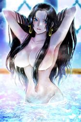 Rule 34 | 1girl, arms behind head, arms up, black hair, blue eyes, boa hancock, breasts, collarbone, covered erect nipples, earrings, hair over breasts, highres, jewelry, large breasts, lips, long hair, looking to the side, nude, one piece, oregano551, parted lips, partially submerged, snake earrings, solo, stomach, twitter username, very long hair, water, watermark