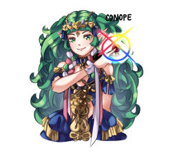 Rule 34 | 1girl, artist name, braid, closed mouth, conope, dress, envelope, fire emblem, fire emblem: three houses, green eyes, green hair, hair ornament, holding, long hair, nintendo, pointy ears, ribbon braid, simple background, smash invitation, smile, solo, sothis (fire emblem), super smash bros., tiara, twin braids, upper body, wax seal, white background
