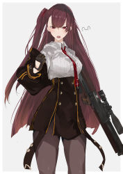 Rule 34 | 1girl, black gloves, blouse, breasts, brown hair, bullpup, collared shirt, girls&#039; frontline, gloves, grey background, gun, highres, jacket, jacket on shoulders, large breasts, long hair, looking at viewer, necktie, open mouth, pantyhose, red eyes, rifle, shirt, skirt, sniper rifle, solo, standing, sutekina awa, wa2000 (girls&#039; frontline), walther, walther wa 2000, weapon, white shirt