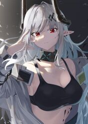Rule 34 | 1girl, absurdres, arknights, bare shoulders, black collar, breasts, cleavage, collar, commentary request, crop top, grey hair, hand up, highres, horns, infection monitor (arknights), large breasts, long hair, looking at viewer, material growth, midriff, mudrock (arknights), natoriusu sansei, off shoulder, oripathy lesion (arknights), pointy ears, red eyes, solo, sports bra, stomach, upper body, very long hair