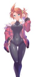 Rule 34 | 1girl, absurdres, bare shoulders, bodysuit, breasts, commentary request, covered collarbone, covered navel, ekaki-ya okamoto, feet out of frame, hand on own hip, highres, jacket, large breasts, long sleeves, original, simple background, skin tight, sleeveless, sleeveless bodysuit, solo, standing, white background