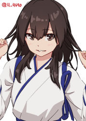 Rule 34 | 1girl, 4690 (tkpbsk), alternate hairstyle, blush, brown eyes, brown hair, hair between eyes, hair down, japanese clothes, kaga (kancolle), kantai collection, long hair, looking at viewer, one-hour drawing challenge, parted lips, simple background, solo, tasuki, twitter username, upper body, white background