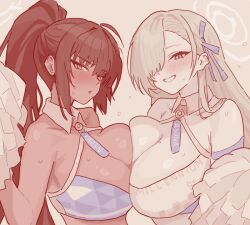 2girls alternate_costume asuna_(blue_archive) blue_archive blush breast_press breasts character_name cheerleader clothes_writing crop_top dark-skinned_female dark_skin fight_yoghurt grin hair_between_eyes hair_over_one_eye hair_ribbon halo karin_(blue_archive) large_breasts long_hair looking_at_viewer millennium_cheerleader_outfit_(blue_archive) mole mole_on_breast multiple_girls oekaki parted_lips pom_pom_(cheerleading) ponytail ribbon simple_background smile sweat symmetrical_docking upper_body very_long_hair yuri